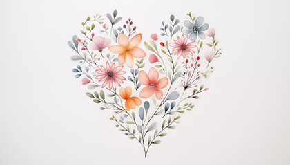 heart made of flowers, watercolor style