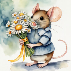Cute watercolor mouse holding a white daisy bouquet with gold ribbon 
