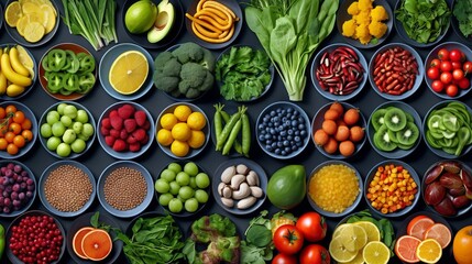 Various fresh vegetables and herbs are arranged on the table. Concept: Healthy food for diet menu. Vitamins and microelements. Banner - obrazy, fototapety, plakaty