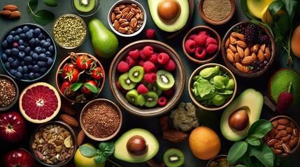 variety of bright and fresh fruits, berries and nuts, neatly distributed in wooden bowls on a green background. Concept: Healthy food for a diet menu. Vitamins and microelements