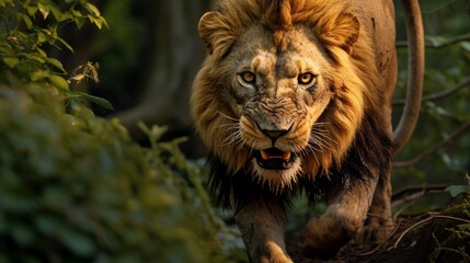 lion looking at the camera surrounded by green trees, concept of Majestic and Nature.