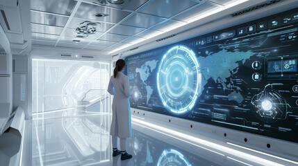 In advanced medical simulation facility, student interact with virtual screens for hands-on learning