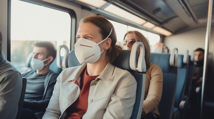 A woman wearing a mask on a train