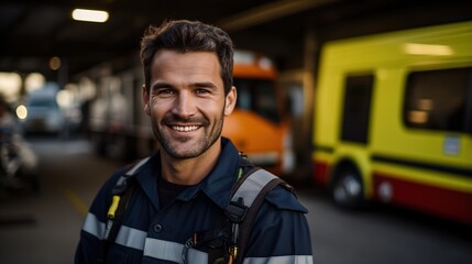 portrait of a smiling firefighter in protective gear - obrazy, fototapety, plakaty