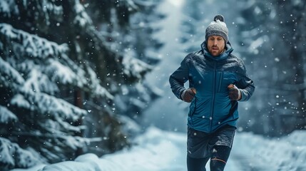 Man running in the forest in winter