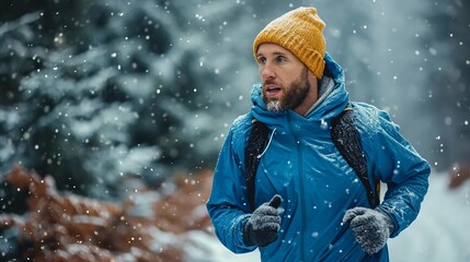 Man running in the forest in winter