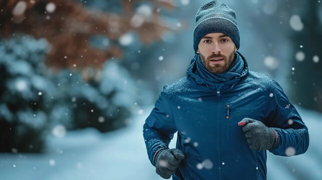 Man Running In The Forest In Winter