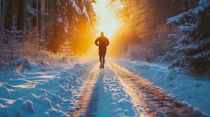 Silhouette of a person running on a snowy road in the sunlight - obrazy, fototapety, plakaty