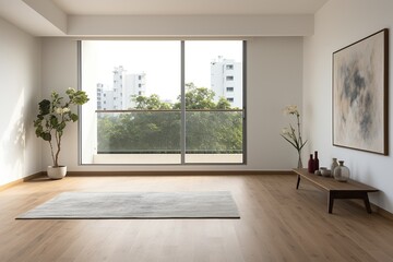 Modern living room with large windows and a balcony