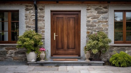 Modern main entrance wooden door with glass, plants on the floor, stone wall. - obrazy, fototapety, plakaty