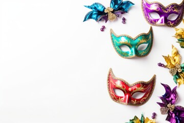 Carnival or mardi gras masks on white background template. Flat lay, copy space