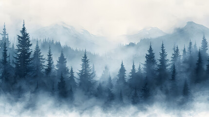 Watercolor foggy forest landscape illustration. Wild nature in wintertime.