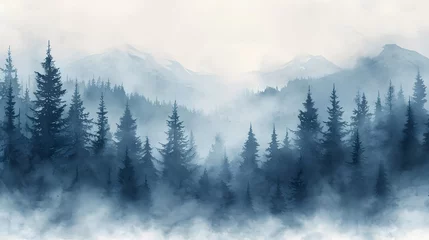 Fotobehang Mistig bos Watercolor foggy forest landscape illustration. Wild nature in wintertime.