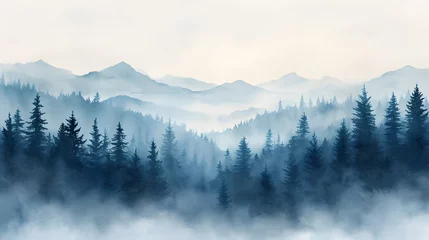 Photo sur Plexiglas Blanche Watercolor foggy forest landscape illustration. Wild nature in wintertime.
