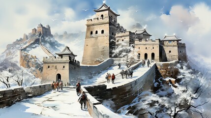 tourists visiting the great wall of china - obrazy, fototapety, plakaty