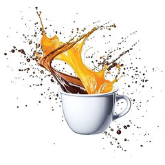 Brown and yellow liquid splashes with beverage drops from white cup. Coffee and caramel in mug, isolated on white