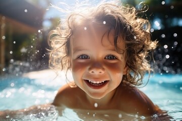 Fototapeta na wymiar Curly Haired Toddler Playing In Water