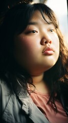 A portrait of a young woman looking out a window