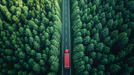 Aerial top view of car and truck driving on highway road in green forest. Sustainable transport. Drone view of hydrogen energy truck driving on asphalt road  - obrazy, fototapety, plakaty
