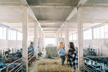 Little girl standing on a bale of hay and holding hands smiling mom at the farm - obrazy, fototapety, plakaty