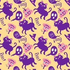 Halloween cartoon animals seamless cats and pumpkins and ghost pattern for wrapping paper and fabrics