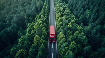 Aerial top view of car and truck driving on highway road in green forest. Sustainable transport. Drone view of hydrogen energy truck driving on asphalt road  - obrazy, fototapety, plakaty