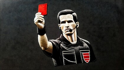 Broderie sur tissu - Arbitre levant un carton rouge