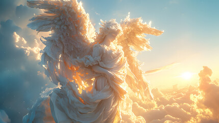 Angel spirit across a bright blue sky with clouds  - obrazy, fototapety, plakaty
