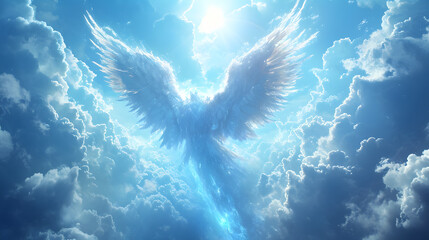 Angel spirit across a bright blue sky with clouds 