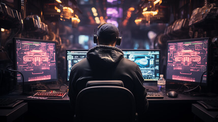 Professional IT Programmer Uses Headphones while Working on Desktop Computer.