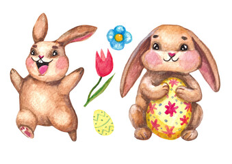 Watercolor illustration set of joyful Easter bunnies with a colorful egg, tulip, and festive decorations in a playful, cheerful scene perfect for spring holiday themes