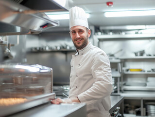 smiling male chef in uniform and hat at restaurant kitchen preparing food