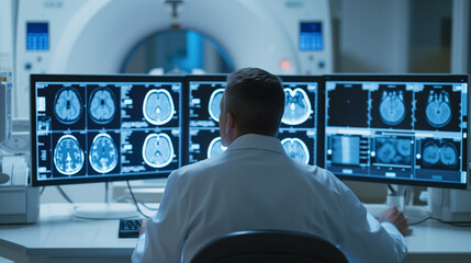 A medical professional carefully examines brain images on screens near the MRI machine