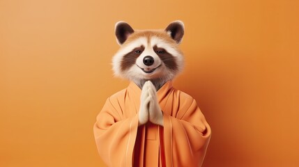 Smiling raccoon in zen pose wearing an orange robe Generative AI