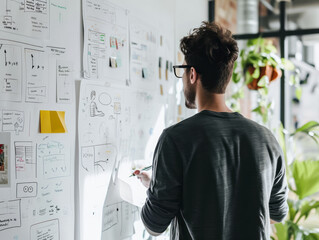 rear view of young man in eyeglasses looking at sticky notes on wall in office