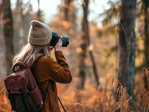 A girl with a backpack and a camera in the autumn forest.