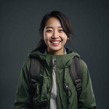 portrait of a young asian woman smiling wearing a green jacket and backpack