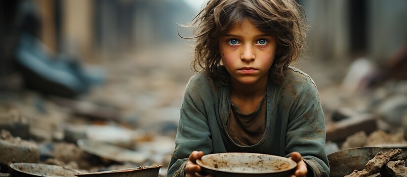 Hungry Palestine Poor Boy With Beautiful Eyes Kid With An Empty Plate. Holding Empty Plate In His Hands