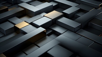 3d square geometric shapes background, black and gold rectangles in geometric shapes