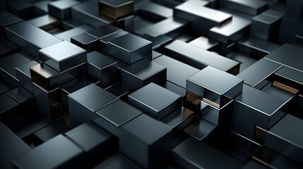 3d square geometric shapes background, black and gold rectangles in geometric shapes