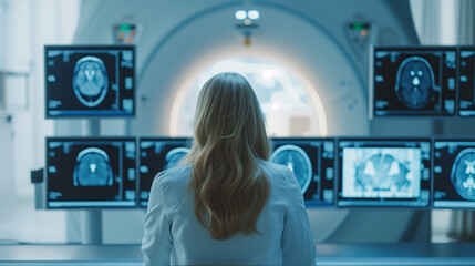 Fototapeta na wymiar A physician's dedication to interpreting brain scans on screens adjacent to the MRI