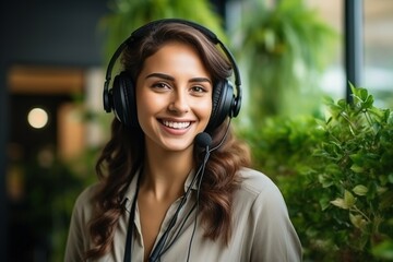 Smiling woman wearing headphones with a microphone