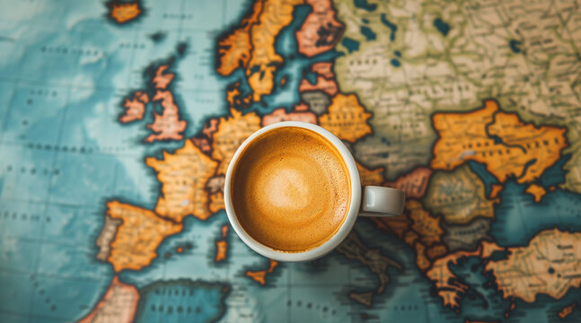 a cup of coffee on a map of Europe, travel concept. vacations