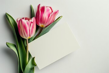 two pink tulips on a blank card isolated on white background Generative AI