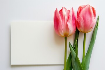 two pink tulips on a blank card isolated on white background Generative AI
