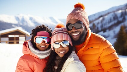 Happy family of African American ethnicity enjoying winter vacation in snowy mountains - obrazy, fototapety, plakaty