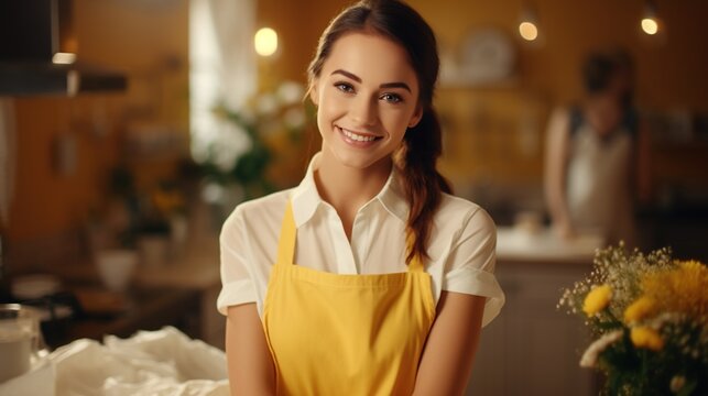 Portrait of a smiling young woman wearing a yellow apron