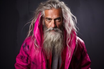 close-up portrait of an old man with long gray beard and mustache in a pink jacket on a dark background studio