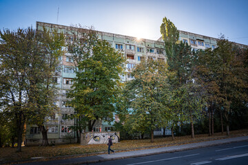 street view of chisinau with buildings from soviet era