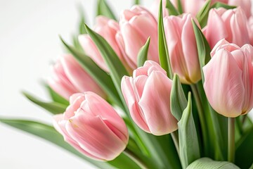 pink tulips in a bouquet on white background Generative AI